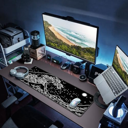 Canjoy Large Gaming Mouse Pad, 31.5x11.8in Computer Keyboard and Mouse Mat | Japanese Sea Wave XXL-Large Mouse pad Full Desk Mousepad Extended Computer Desk Pad with Rubber & Double Stitched - color: Black-Sea Wave, size: 800*300mm
