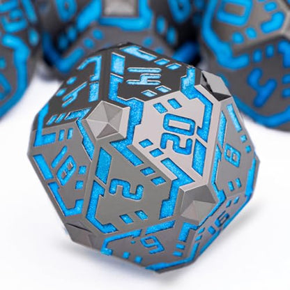 Metal DND Sci-fi Dice Set 7PCS Luminous Orange Stripe Polyhedral Dice for Dungeons Dragons RPG Role Playing Game, Glitter D and D Dice with Gift Box D6 D8 D10 D12 D20 - color: Nightlight - Blue