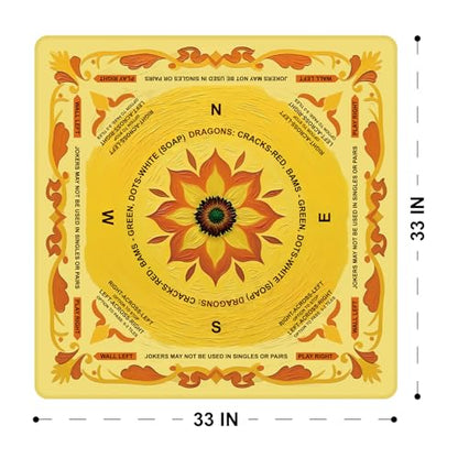 Neoprene Mahjong Mat with Rules, 33 x 33 in, Non-Slip, Yellow | Noise-reducing table mat with carrying bag and 3 dice; for poker, cards, board games, tile games and dominoes - color: 33" Yellow, size: 33"