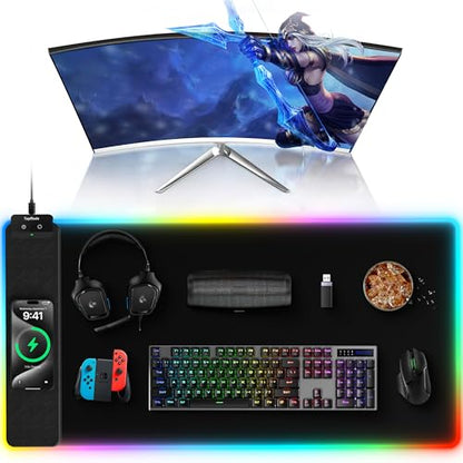 TopMade Mouse Pad with Wireless Charging, 31.5" x 15.75" Large Desk Mat RGB Gaming Mousepad, LED Desk Pad Keyboard Pad with Ultra-Smooth Surface & Non-Slip Rubber Base, Waterproof Desk Pad - color: RGB Black-31.5"x15.8"