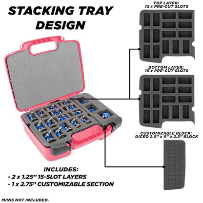 CASEMATIX Miniature Storage Hard Shell Miniature Figure Case - 30 Slot Figurine Minature Carrying Case with Customizable Foam for Large Miniatures for Warhammer 40k, DND and More, Pink Shell