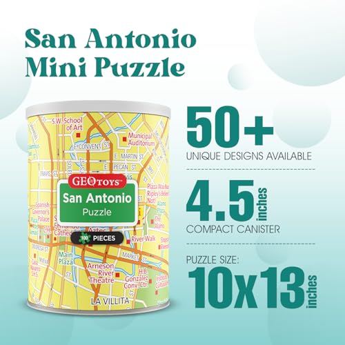 Geotoys San Antonio Mini City Puzzle - 100 Piece Puzzles for Kids and Adults in Portable Can, 13" x 10" Educational Travel Puzzle for Ages 7 and Up - Mini Puzzles to Learn & Explore Geography - style: San Antonio