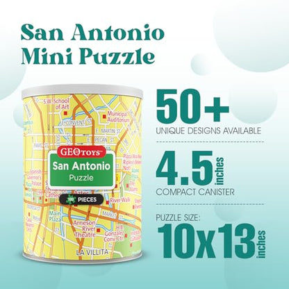 Geotoys San Antonio Mini City Puzzle - 100 Piece Puzzles for Kids and Adults in Portable Can, 13" x 10" Educational Travel Puzzle for Ages 7 and Up - Mini Puzzles to Learn & Explore Geography - style: San Antonio