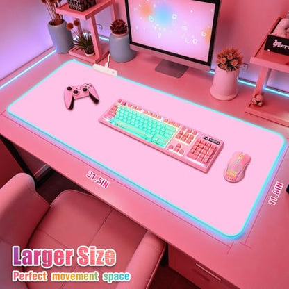 RGB Mousepad Led Mouse Pad Desk Mat I 31.5 x 11.8 Inch Large Mouse Pad I XL Oversized Big Mouse mat 14 Led Light Modes I Anti-Slip Rubber Base Waterproof Keyboard Pad for PC Gaming I Solid Pink - color: Solid Pink