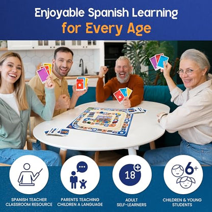 Spanish Board Game – Race to Madrid | Easy to Learn Words, Grammar, Verbs | Fun for Adults, Kids, Beginners, Classroom | 4 Decks Dynamic Flash Cards