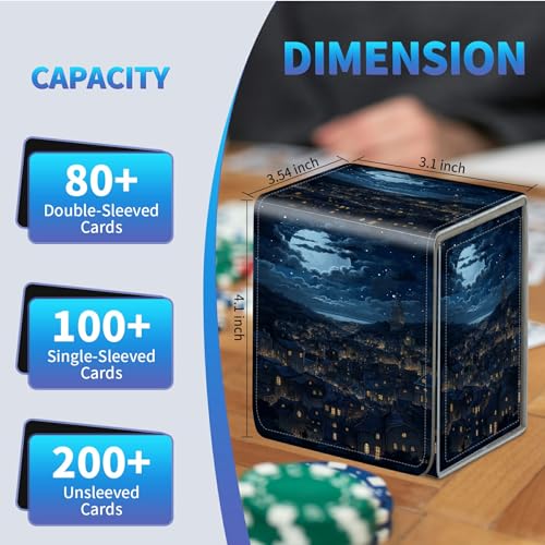 Card Deck Box for Trading Cards,MTG Commander Deck Box Fits 100+ Single Sleeved Cards,Leather Magnetic Card Storage Box for YuGiOh TCG CCG Cards,City Night View - color: City Night View