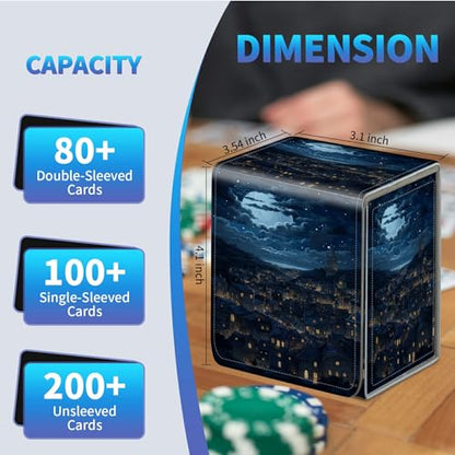 Card Deck Box for Trading Cards,MTG Commander Deck Box Fits 100+ Single Sleeved Cards,Leather Magnetic Card Storage Box for YuGiOh TCG CCG Cards,City Night View - color: City Night View