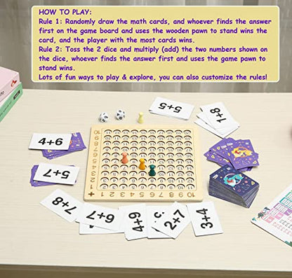 2 in 1 Multiplication Addition Math Board Game for Kids - Wooden Montessori Math Toys for Girls Boys 4 5 6 7 8 9 Years Old Wood Double Sided Board Table Dice Card Games for Family