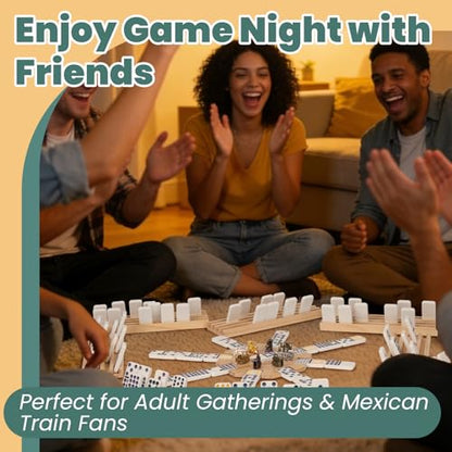 Extguds Double 12 Mexican Train Dominoes Set for Adults, Wooden Mexican Train Dominos with Solid Wood Storage Box, 91 Tiles, Hub, 8 Wooden Racks, Metal Train Markers, Scoreboard & Canvas Bag