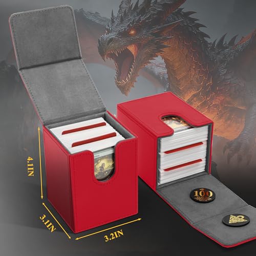 UAONO Card Deck Box for Yugioh MTG Cards, 100+ Deck Case with 2 Dividers Fits TCG CCG, PU Leather Card Storage Box Compatible with Collectible Trading Cards (Red, Sky Dragon) - color: A1-Red
