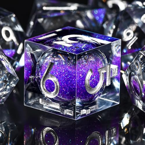 AUSTOR Liquid Core DND Dice Set, 7-Die Sharp Edge Polyhedral Dice Quicksand Handmade Resin Dices for Dungeons and Dragons RPG MTG Table Games, Black & Violet, Silver - color: Black & Violet，silver