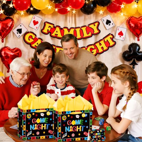 Neptniopllab Game Night Gift Bag with Card and Tissue Papers,Gaming House Board Games Themed Birthday Bag for Boys Kids Game Night Party Decorations Supplies