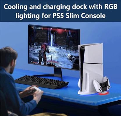 PS5 Slim Cooling Station with RGB LED Charging Dock - 3-Level Fan Cooling, Dual PS5 Controller Charger