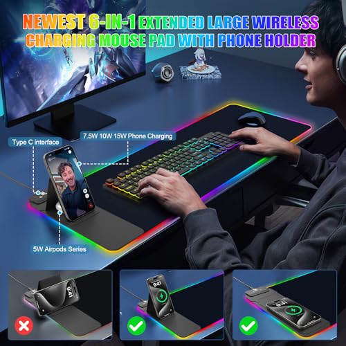 Mouse Pad with Foldable Phone Holder & Wireless Charger, XL RGB Gaming Mousepad 31.5"x11.8" Large Desk Mat for Keyboard, Home Desk Pad with Dual Qi Charging Station | 11 Colors & 5 Modes | Waterproof - color: 31.5x11.81"Phone Stand-Black