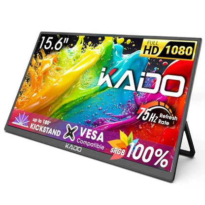 Kado 15.6" 1080p 75Hz Portable Monitor for Laptop, 100% sRGB Second Display | FHD 45W Reverse Charge HDMI USB-C IPS Laptop Screen Extender, 180° Kickstand for PC, Mac, Dex, Tablet, Xbox, PS4/PS5, Switch - style: FHD 100% sRGB