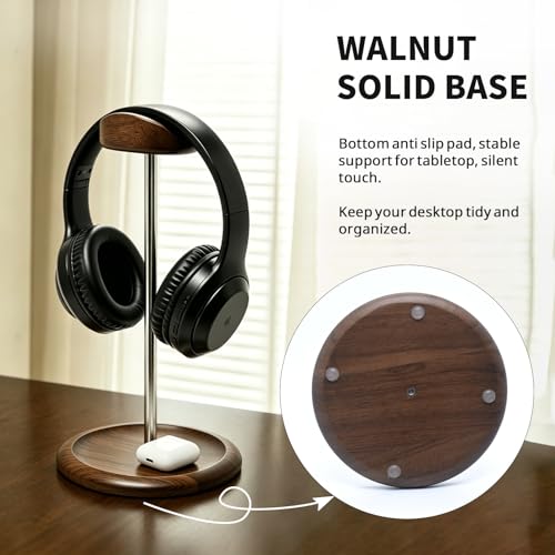 Headset Stand for Desk, Walnut Wood ＆ Stainless Steel Universal Wooden Headphone Holder with Storage Base, Gaming Equipment Accessories, Desk Organizer, Gifts for Gamers Men Boyfriend