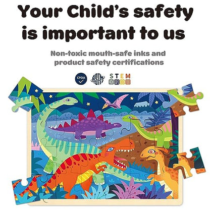 Wooden Puzzles for Kids Ages 3-5, 4 Packs 24 Piece Jigsaw Puzzles for 3 Year Old Boys Girls, Farm Urban Dinosaur Forest Animals Preschool Educational Brain Teaser Boards Toys