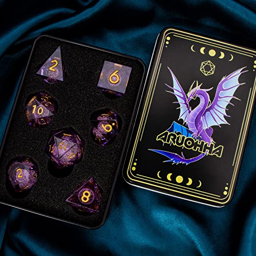 ARUOHHA DND Liquid Core Dice, 7pcs Resin Sharp Edged Dice Set RPG Translucent Polyhedral D and D Dice, Role Playing Dice Set D20 D12 D10 D8 D6 D4 with Gift Box - color: Purple Gold