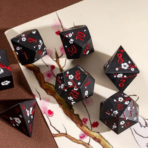 UDIXI Metal Dice Set D&D, 7PCS Flower Metal DND Dice Set Black for RPG | White Flower, Metal Case Packaging, Heavy Metal Dice, D&D Gift, for Dungeons and Dragons Role Playing Games Tabletop Games - color: Black-red