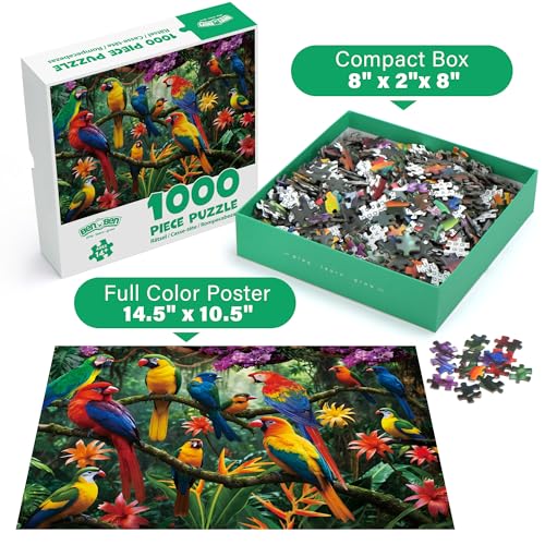 BenBen 1000 Piece Jigsaw Puzzle for Adults, Jungle Parrots, Patterned Back | Challenging Jigsaw Puzzles, Thick Cardboard Pieces, Snug Fit, Challenging Puzzles for Family Game Night, Home Décor