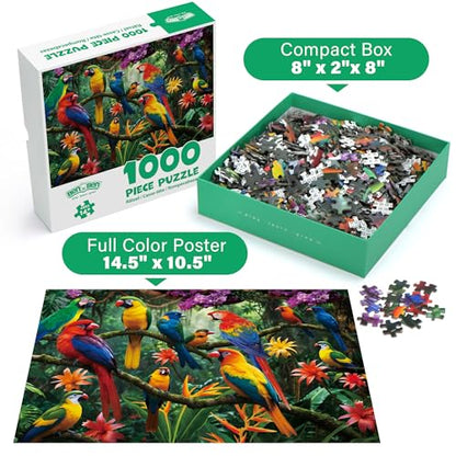 BenBen 1000 Piece Jigsaw Puzzle for Adults, Jungle Parrots, Patterned Back | Challenging Jigsaw Puzzles, Thick Cardboard Pieces, Snug Fit, Challenging Puzzles for Family Game Night, Home Décor