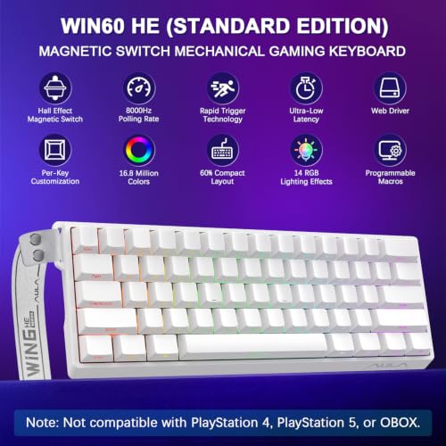 WIN60 HE 60% Mechanical Keyboard Wired, Hall Effect Gaming Keyboard Magnetic Switch Hot Swappable, Adjustable Actuation Rapid Trigger Mode 8000Hz Polling Rate, RGB Keyboard 60 Percent Design - color: Side-printed White
