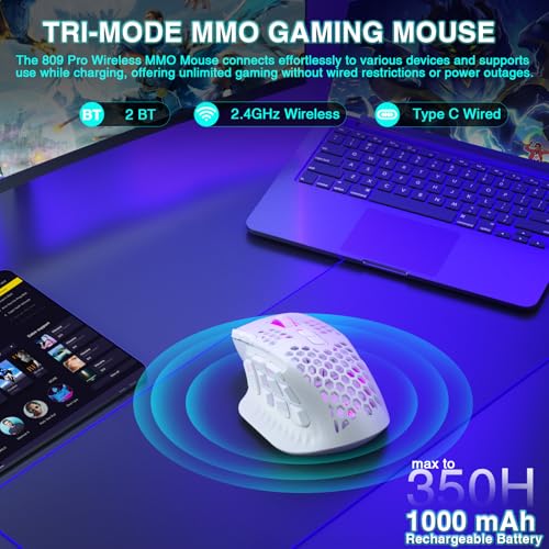SOLAKAKA SM809 Pro Gaming Mouse with 9 Side Buttons,24000 DPI RGB Mouse for Gamer,16 Programmable Macros MMO Mouse (Wireless, 1-white2) - color: 1-white2