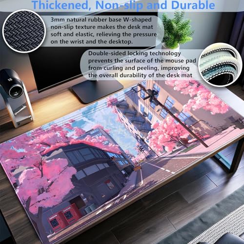 Pink Anime Sakura Desk Mat, Japanese Street Large Mouse Pad 31.5x15.7 in | Cozy anime cherry blossom desk pad with 3mm plush cushion, smooth fabric top, and non-slip rubber core. - color: Anime 02