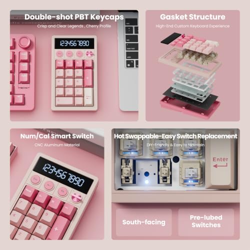 RK ROYAL KLUDGE M20 Wireless Number Pad, Mechanical Numpad with LCD Display, PC Numpad & Calculator Modes, Programmable Numeric Keypad, Bluetooth/2.4G/Wired, RGB Hot-Swappable for Win/Mac - color: Pink