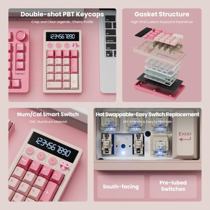 RK ROYAL KLUDGE M20 Wireless Number Pad, Mechanical Numpad with LCD Display, PC Numpad & Calculator Modes, Programmable Numeric Keypad, Bluetooth/2.4G/Wired, RGB Hot-Swappable for Win/Mac - color: Pink