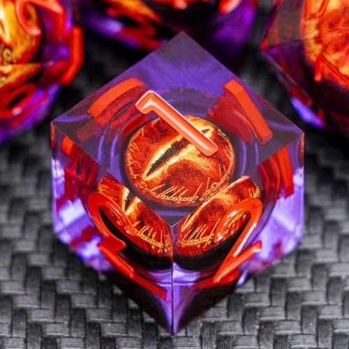 ARUOHHA DND Resin Dice Gazes Eye Dice Purple Red Liquid Core Flaming RPG Sharp Edged Dice Set with Gift Box, Polyhedral D and D Dice Set Compatible with Dungeons Dragons Role Playing Game D20 D6 - color: Sl01-purple Red