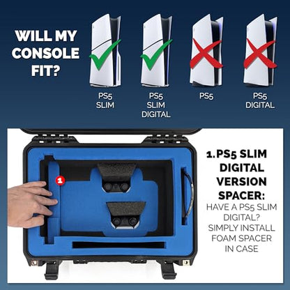 CASEMATIX Travel Case Compatible With PS5 Slim & PlayStation 5 Slim Digital Edition - Hard Shell Waterproof Case with Custom Foam for Console, Controllers, Stand, Cables and Game - style: New Ps5 (2023/Slim)