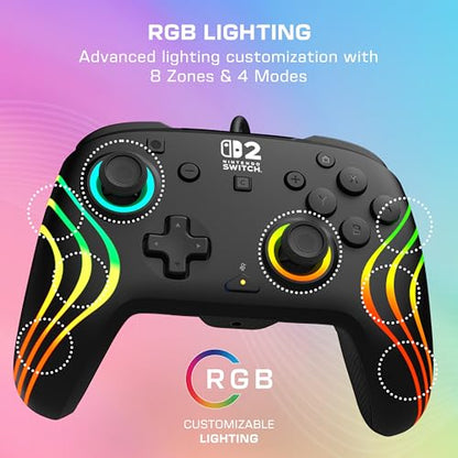 Turtle Beach Afterglow Wave Wired RGB Gaming Controller, Nintendo Switch 2 | Switch Lite, OLED, Hall-Effect Thumbsticks, 2 Mappable Back Buttons, Audio Controls, C-Button for GameChat, RGB Lights, Black - color: Black
