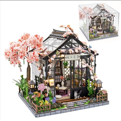 MINORIA Sakura Greenhouse DIY - Miniature House Building Kit-3D Wooden Cherry Blossom Dollhouse with Acrylic Dust Cover - LED Light