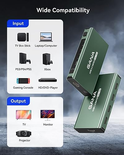 HDMI Switch 5 in 1 Out 4K@60Hz, GANA HDMI Splitter Switcher with Remote, Aluminum HDMI 2.0 Switch Box Hub for 3D, HDCP2.2, HDR, Compatible with Xbox, PS5/4/3,Fire Stick,Roku,Blu-Ray Player, Green - color: Green