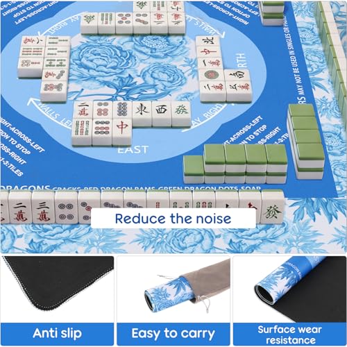 Elstey Mahjong Mat, Non-Slip Neoprene Mahjong Table Cover with Game Rules & Carrying Bag, Noise Reduction Square Board Game Mat for Poker, Dominoes, Tile Games, 32.2x32.2 Inch, (Chinoiserie Style) - color: Light Blue