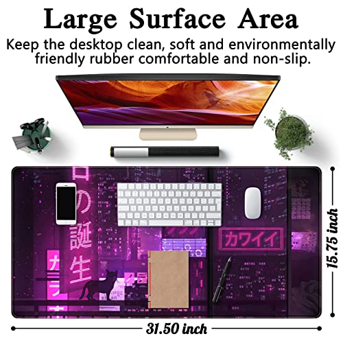 Purple Gaming Mousepad Japanese Desk Mat XXL Extended Anime Cool Large Mouse Pad Keyboard Mouse Mat Desk Pad for Computer Laptop Gamers 31.5''X15.7'' Non-Slip Rubber Base with Stitched Edges - color: A Purple Neon Sign