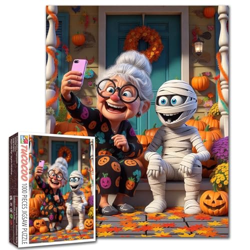 Halloween Funny Grandma Taking Selfie with Mummy 1000 Piece Jigsaw Puzzle for Adults Students 20×27 Inches Cute Autumn Jigsaw with Pumpkins Leaves and Festive Decor Gift for Family Fall - color: Puzzle-hall Old Woman-05