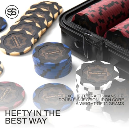 SLOWPLAY Nash Clay Poker Set, 14g&40mm Poker Chips for Texas Hold'em | Black Gold Edition; 500 pcs Numbered Full Set; premium case with PC Shell; clay composite poker chips; Art Deco style - color: Black Gold, size: 500PCS Numbered Full Set (1,5,25,100,50