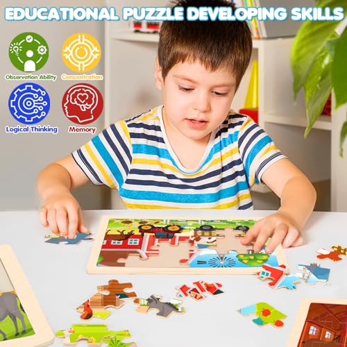 4-in-1 Farm Wooden Puzzles for Kids Ages 4-6, 24 PCS Wooden Jigsaw Puzzles for Toddlers Ages 3-5, Preschool Educational Puzzles Boards Toys Gifts for 3 4 5 6 Boys Girls - style: Farm