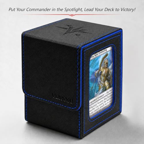 MTG Deck Box for Commander Display,Card Deck Box Fits 100 Double Sleeved Cards, TCG Card Storage Box with 2 Dividers and 1 Toploader (Black＆Blue) | Holds 120 Single/100 Double-Sleeved Cards, Fit MTG/PTCG/OPTCG Cards, Strong Magnet, PU Leather, With 2 Divi