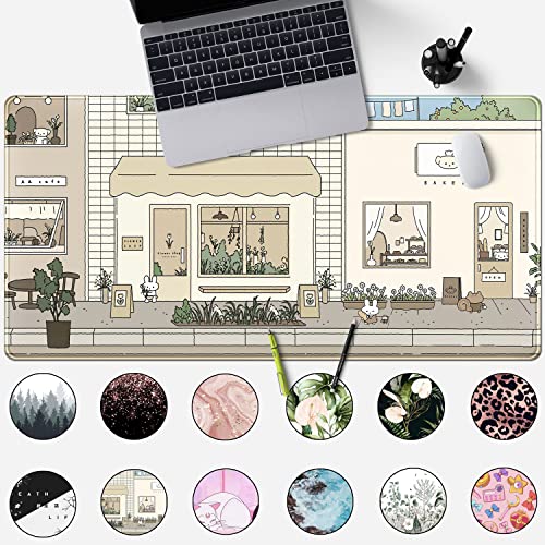 Cute Desk Mat Kawaii Mousepad Bunny and Bear Cute Anime Japanese Street Pastel Beige Brown and Green Mouse Pad, Extra Large Deskmat Cut Laptop Pad - color: Cute White Rabbit