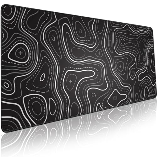 Pixiecube Minimalist Topographic Map Mouse Pad - Contour Extended Large Stitch Edge Mousepad. Black & White Non-Slip XXL Gaming Desk Mat - color: Black Topographic, size: 35.4L x 15.7W inches