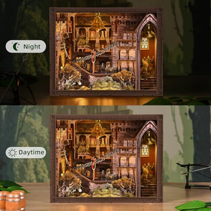 MiniCity Robin Hood Escape Book Nook Kit, Wooden Miniature House with LED | 351-piece wood/paper/plastic kit with LED and dust cover; glue/tools included; 8-10 hr project for shelf decor, ages 14+. - style: Robin Hood