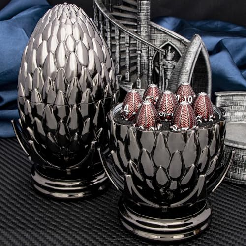 ARUOHHA DND Metal Dice Black Red Dragon Egg Dice with Rotating Dragon Egg Shell, Role Playing Game RPG Polyhedral D and D Dice Set D20 D12 D10 D8 D6 D4 - color: Black Red