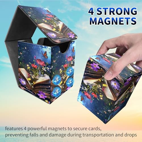 Book Flower Deck Box, MTG Commander Case for Trading Cards, 100+ Sleeved With PU Leather Magnetic Storage Box for TCG CCG Magic - color: Card Deck Box-593