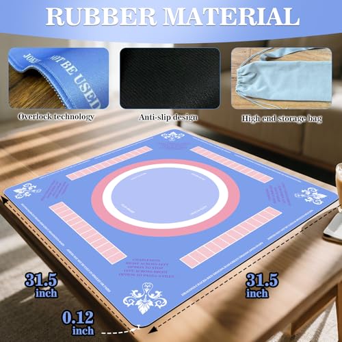 Mahjong Mat Noise Reduction Non-Slip, American Mahjong Mat for Table with 3 Dice & Carrying Bag, Waterproof Surface Mah Jongg Mats for Poker, Card, Dominoes, Board & Tile Games (Blue)