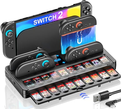Switch 2 Charging Dock Station & Organizer Station for Nintendo Switch 2, 4-In-1 Charging Dock Base Station for Switch 2 Joycons with Indicator，Switch 2 Accessories Kit Storage with 20 Game Slots