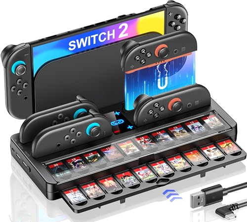 Switch 2 Charging Dock Station & Organizer Station for Nintendo Switch 2, 4-In-1 Charging Dock Base Station for Switch 2 Joycons with Indicator，Switch 2 Accessories Kit Storage with 20 Game Slots