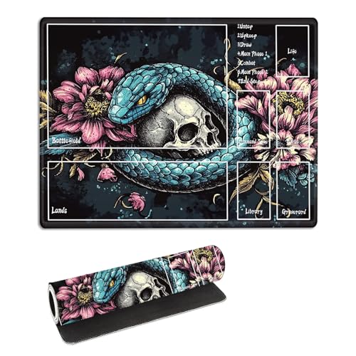 for MTG Playmat with Zones Storage Bag, for TCG Playmat and Playing Card Mat for Magic Board Games, Snake Skull Non-Slip Stitched Edges Game Mat, Rollable Foldable Card Play mats - color: Snake Skull, size: With Zone 17.32''x13.78''